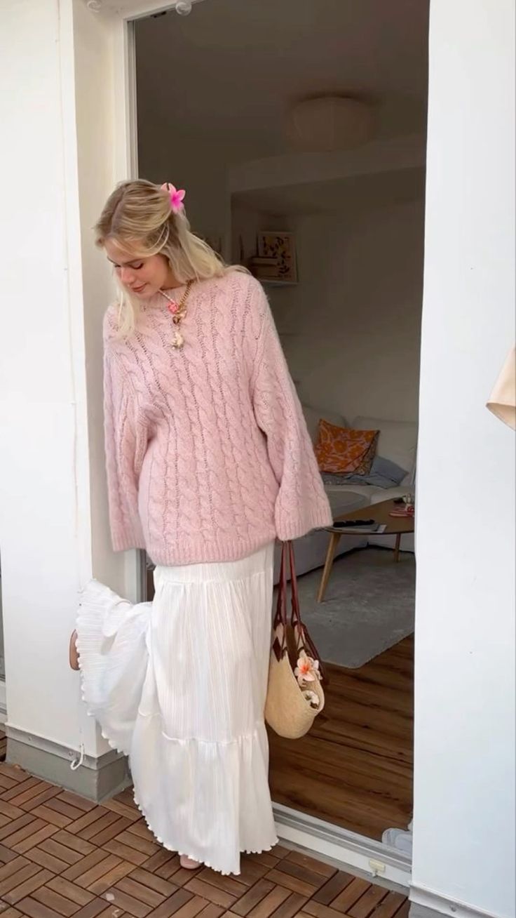 Pink Cable Knit Sweater with White Maxi Skirt